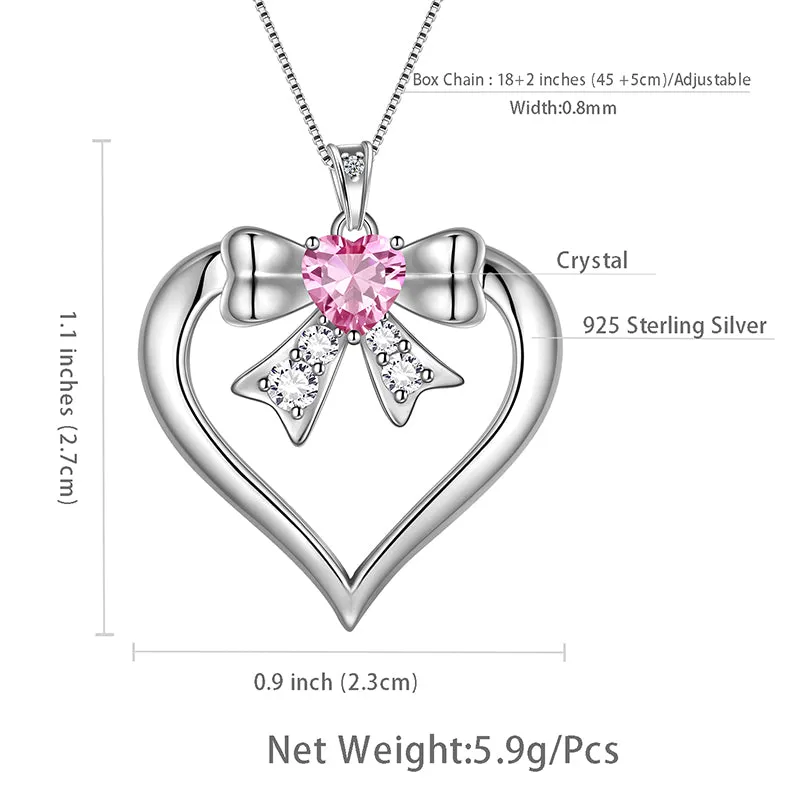 Women Love Heart Bow Necklace October Birthstone Pendant Pink Tourmaline Girls Jewelry Birthday Gifts 925 Sterling Silver